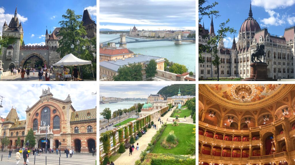 ブダペストの見どころの一部を集めた画像。市民公園、くさり橋、国会議事堂、中央市場、ヴァールケルト・バザール、オペラ座