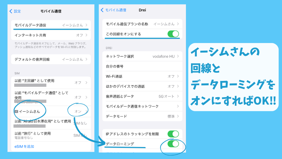eSIM-san（イーシムさん）のモバイルデータ通信の設定画面。回線とデータローミングをオンにして、使用開始
