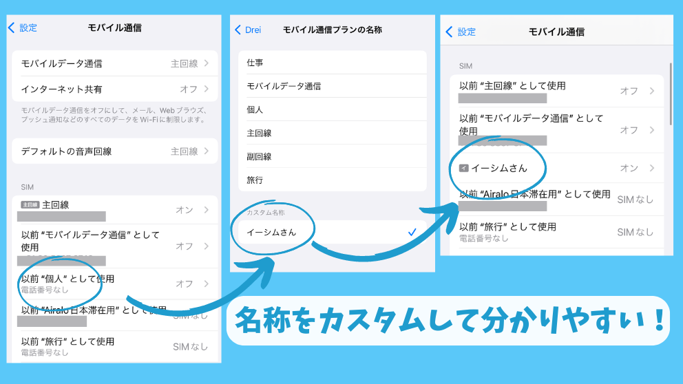 eSIM-san（イーシムさん）のモバイル通信の名称をカスタムする流れ