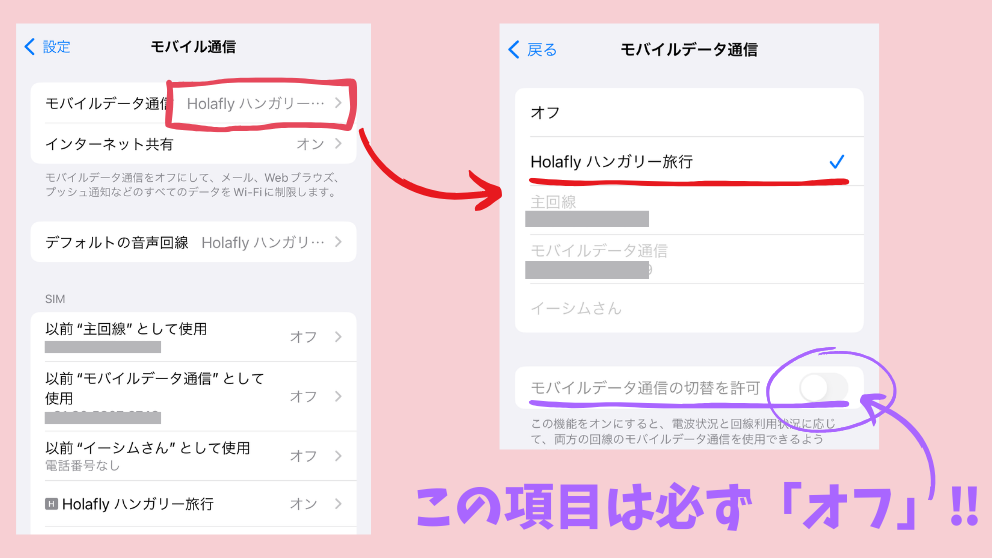 Holafly（オラフライ）のeSIMの「モバイルデータ通信の切り替えを許可」はオフにしておく