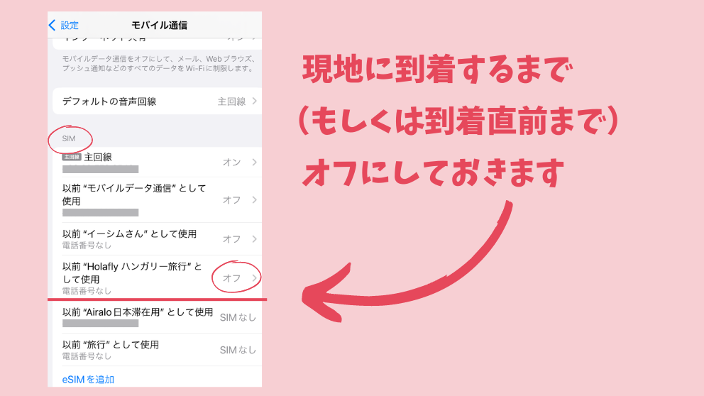 Holafly（オラフライ）のeSIMをインストールしても、海外旅行先に着くまでオフにしておくことを推奨