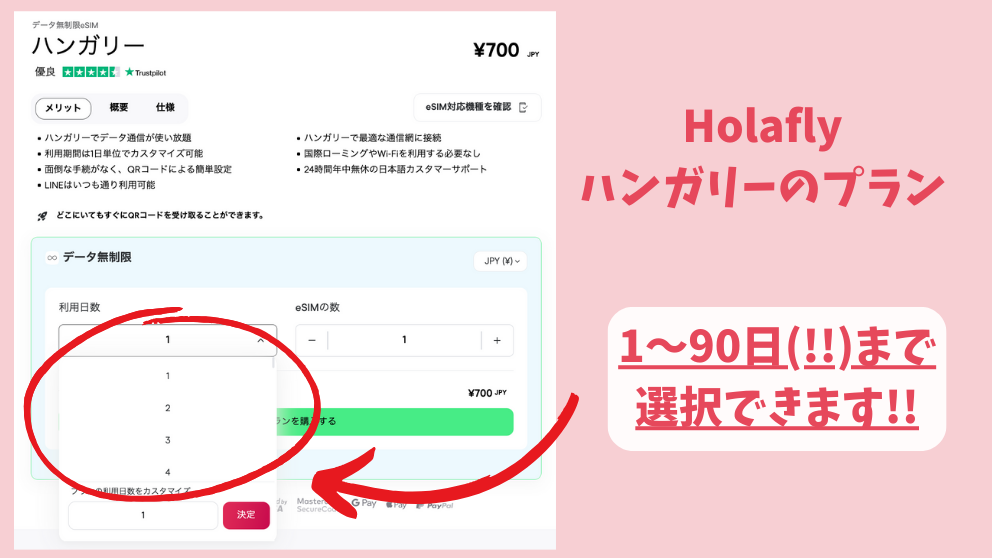 Holafly（オラフライ）のeSIMの購入画面。1〜90日で選択できる場合が多い