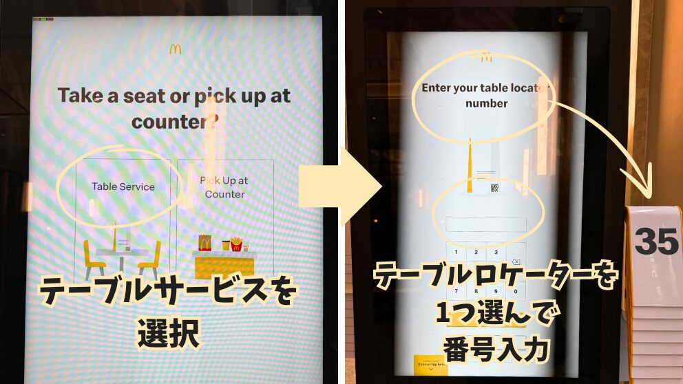 ブダペスト西駅のマクドナルドのタッチパネルでテーブルサービスを選択