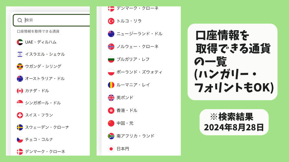 WISEで口座情報を取得できる通貨の一覧、スマホの画面