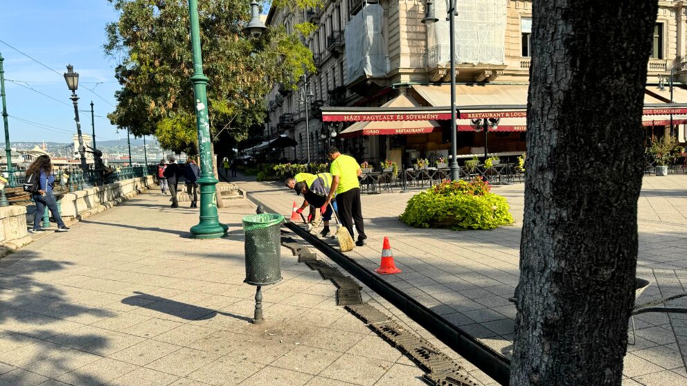 ドナウ川の遊歩道で排水溝を清掃する人々