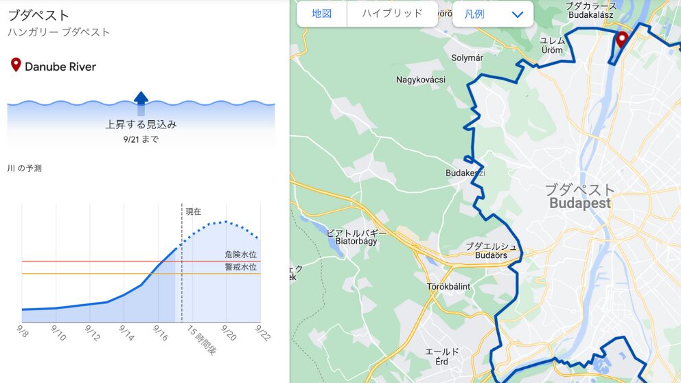 Flood Hubを使ってブダペストのドナウ川の水位上昇の予想を確認している画面