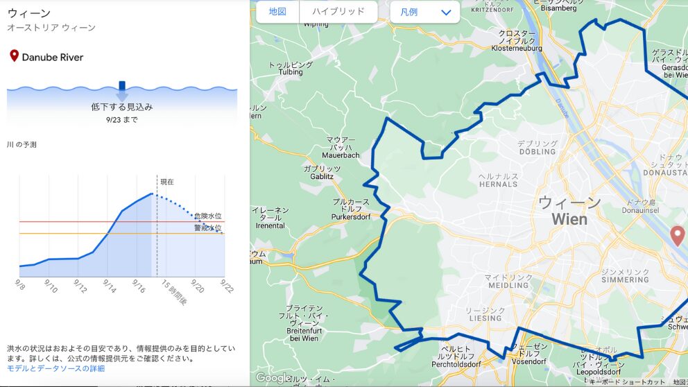 Flood Hubを使ってウィーンのドナウ川の水位上昇の予想を確認している画面