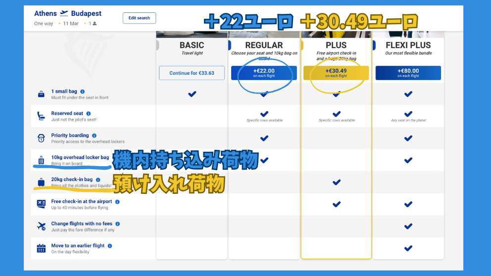 ライアンエアーの公式ウェブサイト、フライト代に追加するオプションセットの料金表