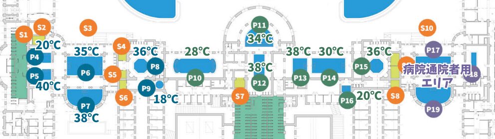 ブダペストのセーチェーニ温泉のマップ（日本語解説入り）。屋内プールの位置を表記