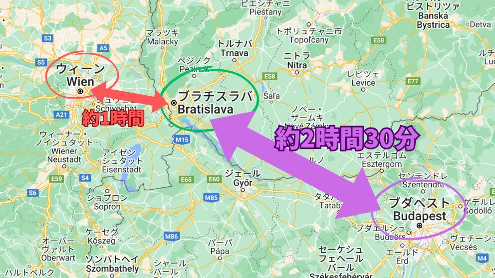 ブダペスト〜ブラチスラバまで約2時間30分であることを示す地図