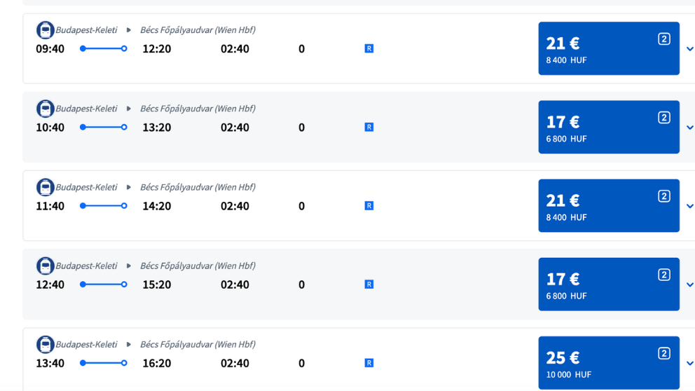 ハンガリー国鉄のチケット予約プラットフォームELVIRAの画面。ブダペスト発ウィーン行きの時刻表