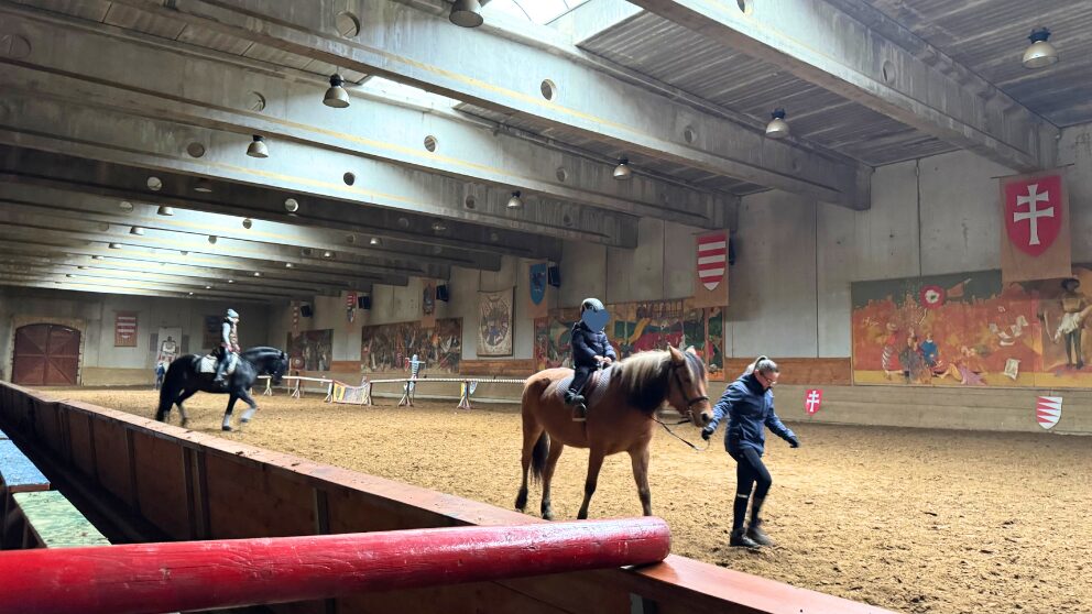 ハンガリーのシュメグにあるホテル・カピターニュでポニー乗馬に息子が挑戦。屋内の会場の入り口の様子