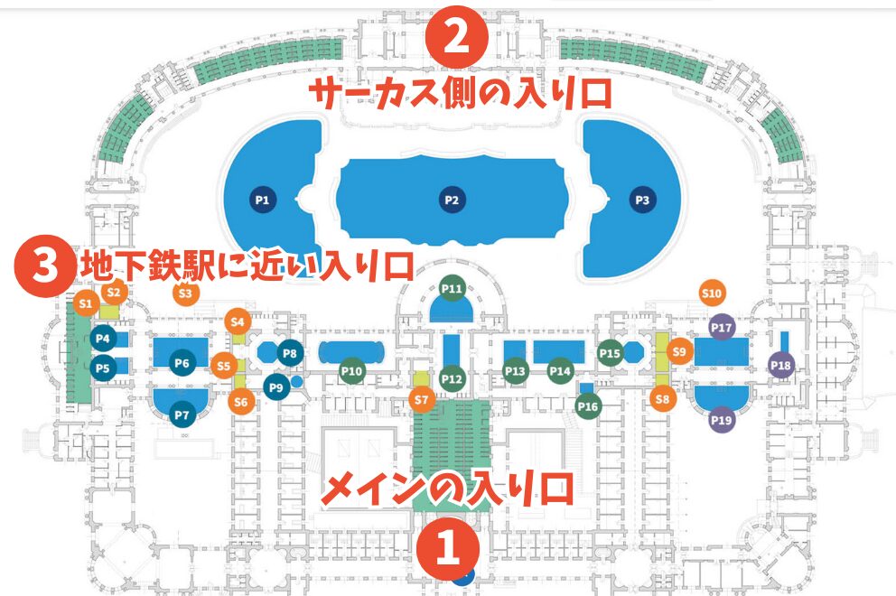 ブダペストのセーチェーニ温泉のマップ（日本語解説入り）。入り口の位置を表記
