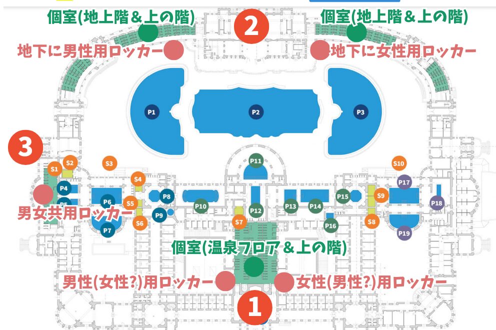 ブダペストのセーチェーニ温泉のマップ（日本語解説入り）。個室とロッカーの位置を表記