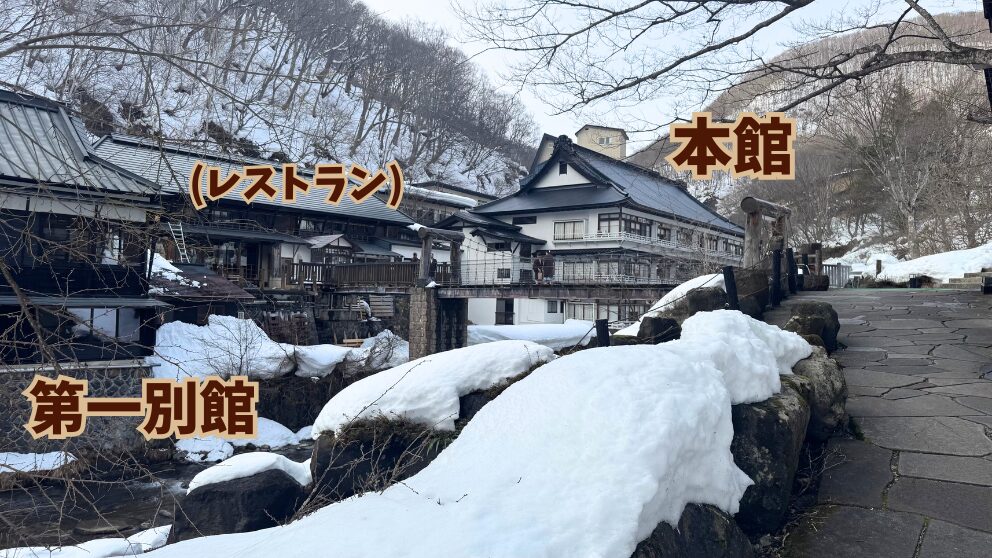 群馬県にある「宝川温泉 汪泉閣」の本館と第一別館の外観