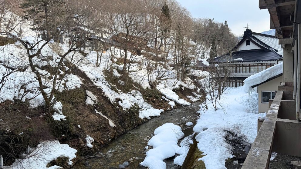 群馬県にある「宝川温泉 汪泉閣」の東館の客室からの窓の風景