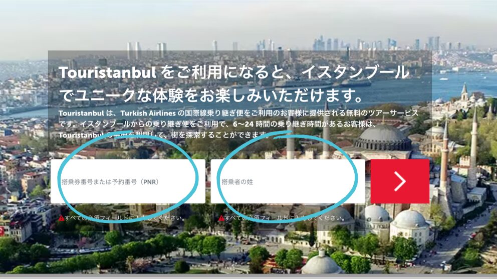 トルコ航空公式ウェブサイトの、Touristanbulの申し込み画面