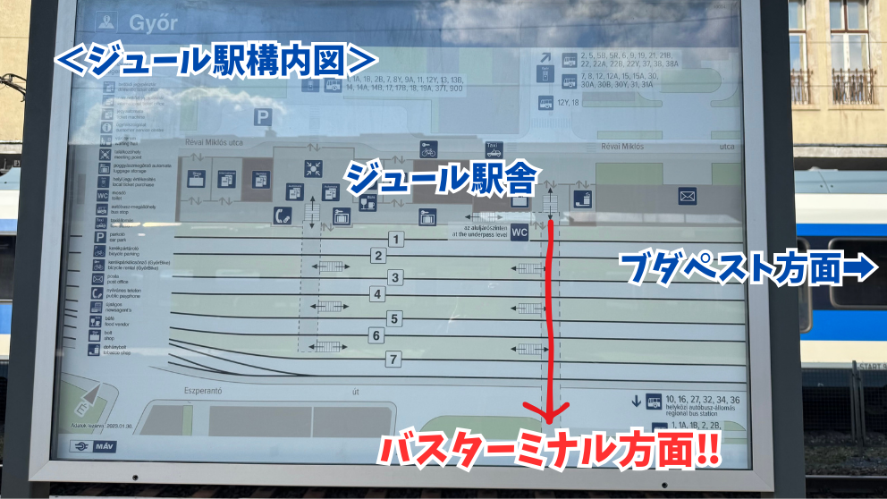 ハンガリーの世界遺産パンノンハルマ大修道院への拠点、ジュール駅の構内図